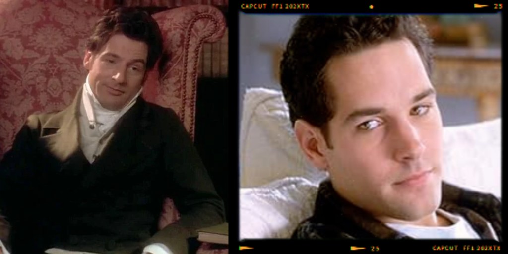 A split image featuring two men. On the left, a man in period clothing lounging in a chair with an amused expression. On the right, a close-up of a man with short hair, displaying a thoughtful gaze.