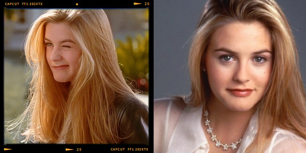 A woman with long blonde hair winks playfully at the camera, wearing a black leather jacket against a blurred outdoor background.