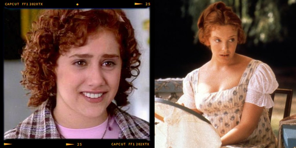A split image featuring two different scenes: on the left, a young woman with curly hair wearing a plaid jacket, showing an emotional expression; on the right, a woman with wavy hair in a historical dress, seated and looking away thoughtfully.