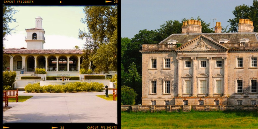 A modern building with a white exterior and archways on the left, and a historic mansion with ornate architecture and a weathered facade on the right.