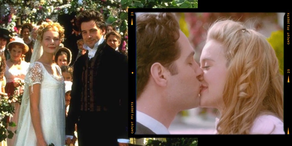 A bride and groom standing together at a wedding ceremony, surrounded by a crowd of guests, with a close-up of a couple sharing a kiss.