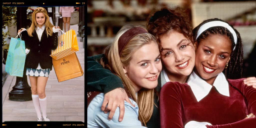 A young girl holding shopping bags from Fendi and other stores, standing in an outdoor shopping area.