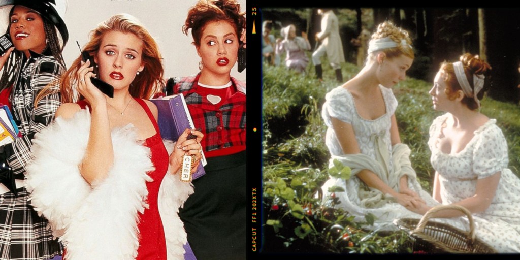 A still image from a 1990s teen movie featuring four fashionable young women, with one in the foreground talking on a phone and looking surprised.