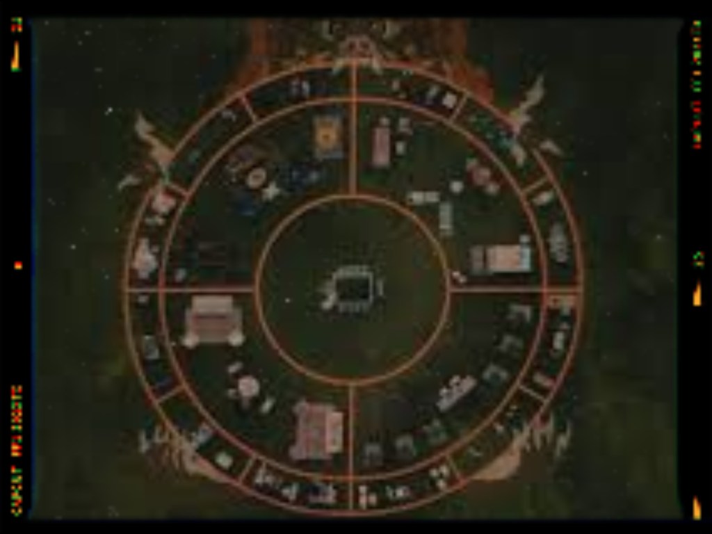 Aerial view of a circular layout featuring multiple sections, each filled with various items like furniture and decorations, set against a dark background.