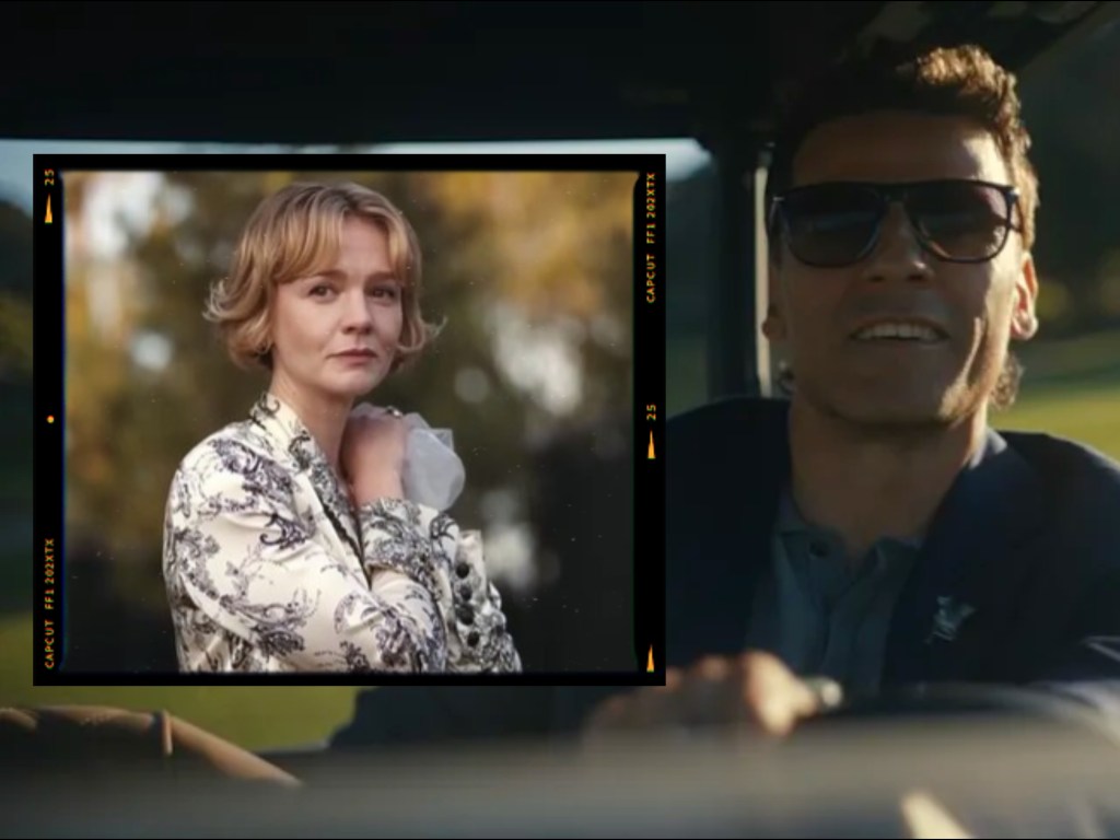 A split image featuring a woman with short, wavy hair wearing a patterned blouse, looking thoughtfully to the side, and a man in sunglasses and a blazer smiling while sitting in a vehicle.