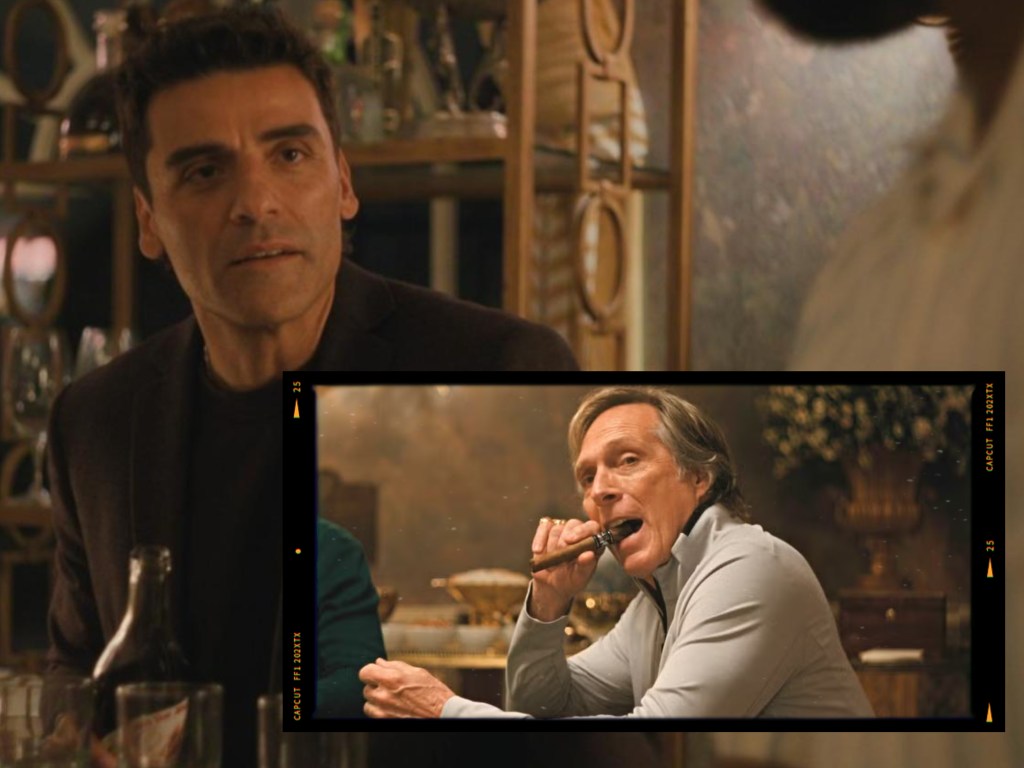 A close-up of a man looking thoughtfully at another person in a restaurant setting, with a smaller image overlay of another man holding a cigar, seated at a dining table.