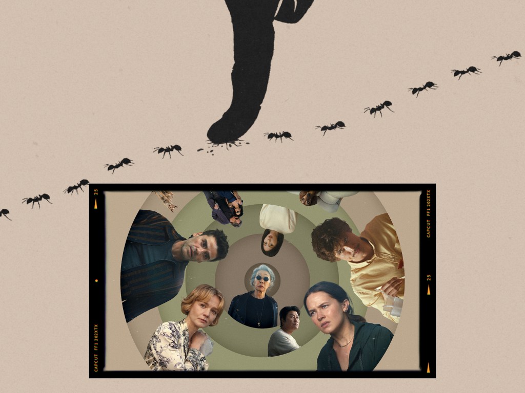 A silhouette of a foot stepping on ants above a film strip featuring a collage of diverse individuals in a circular design.