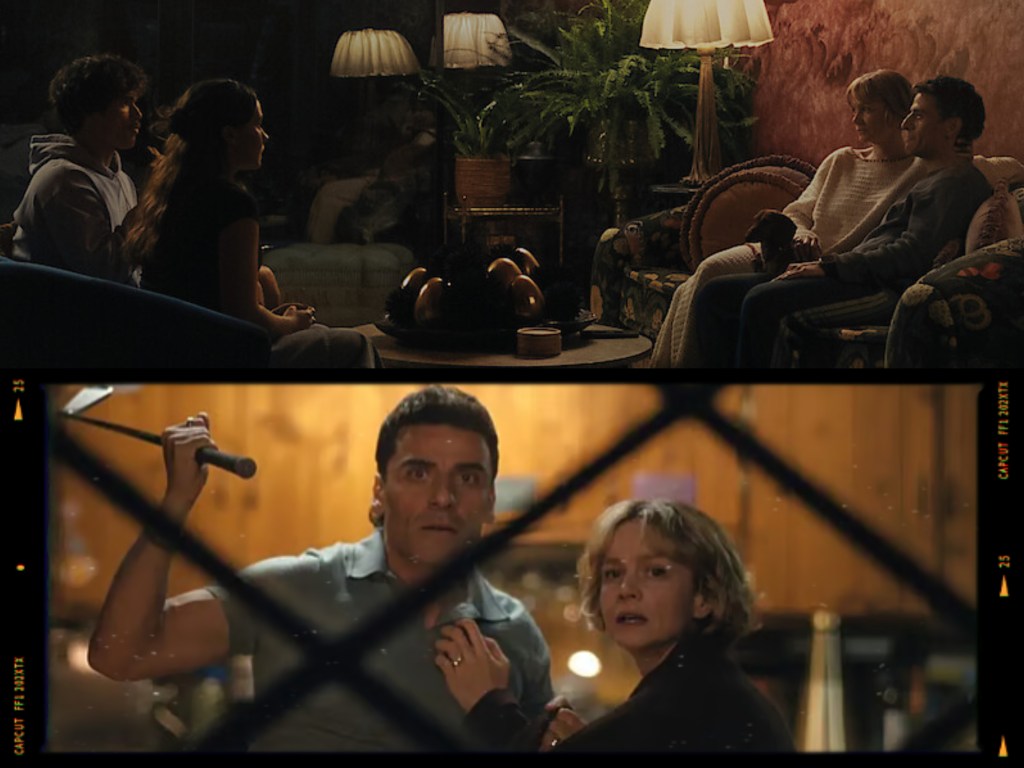 A scene showing two couples sitting together in a dimly lit living room, with plants and lamps in the background.