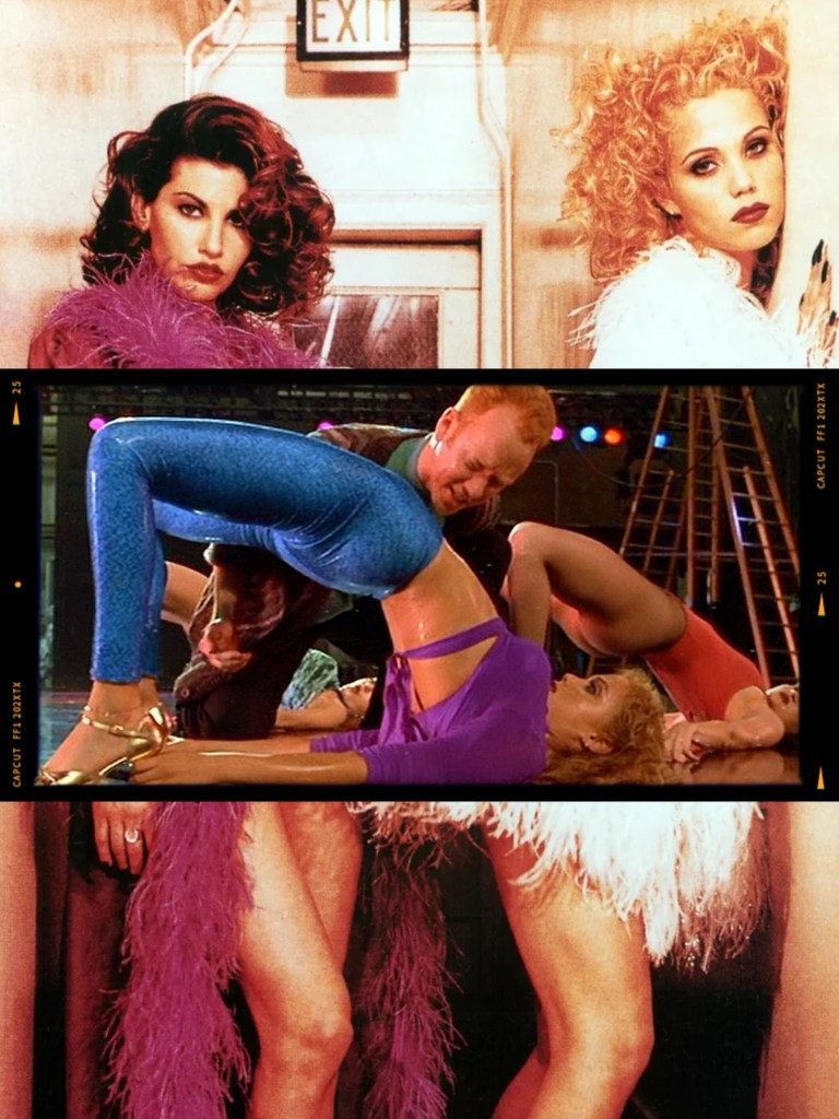 A montage featuring three women in colorful dance attire, with one wearing a pink feather boa. The central segment shows a male figure assisting a woman performing a dance move. The background includes vibrant lights and a studio setting, suggesting a lively performance atmosphere.