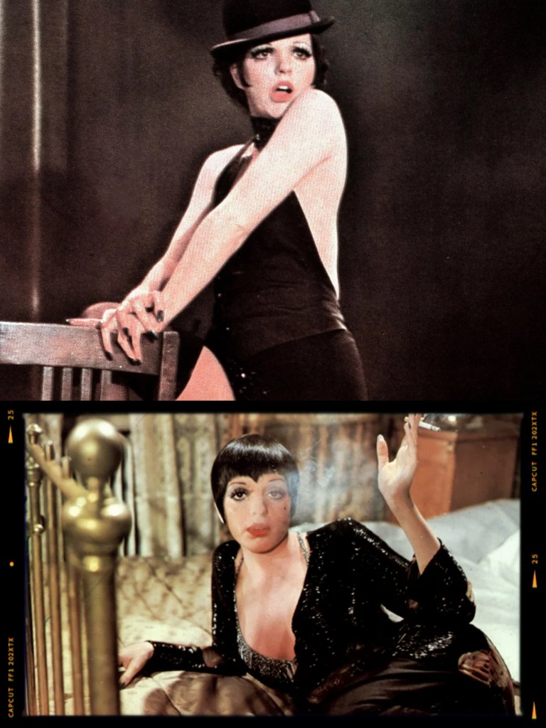 A black and white image of a woman in a fedora and sleeveless outfit, striking a dramatic pose on a chair, with a dark background.