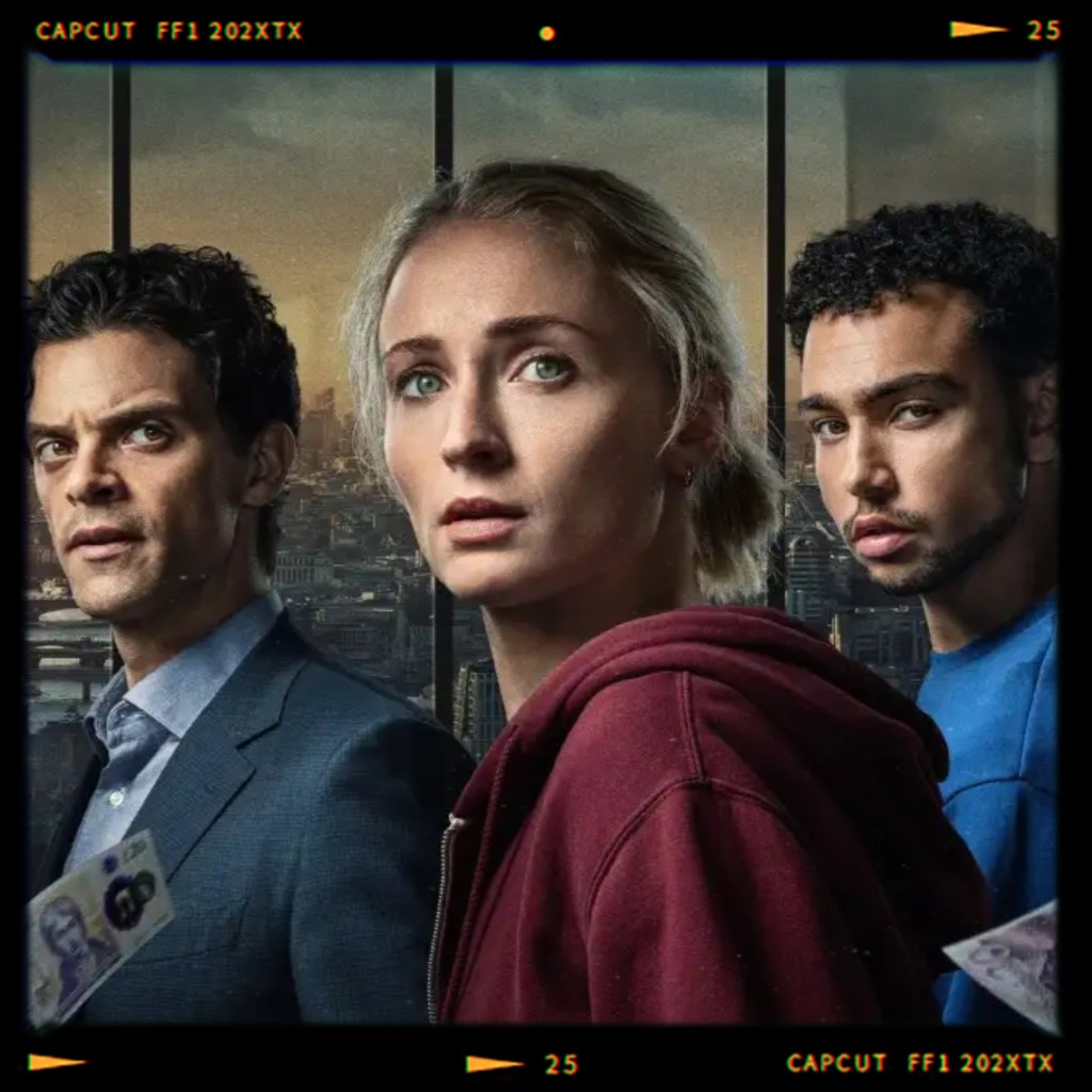 Three individuals looking concerned, set against a city skyline backdrop. The woman in the center wears a red hoodie, while the others are in formal and casual attire. A £20 note is visible in the foreground.