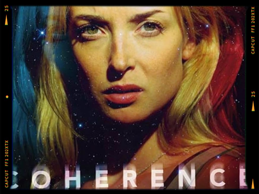 A close-up portrait of a woman with blonde hair and green eyes, set against a cosmic background with stars, featuring the word 'COHERENCE' at the bottom.
