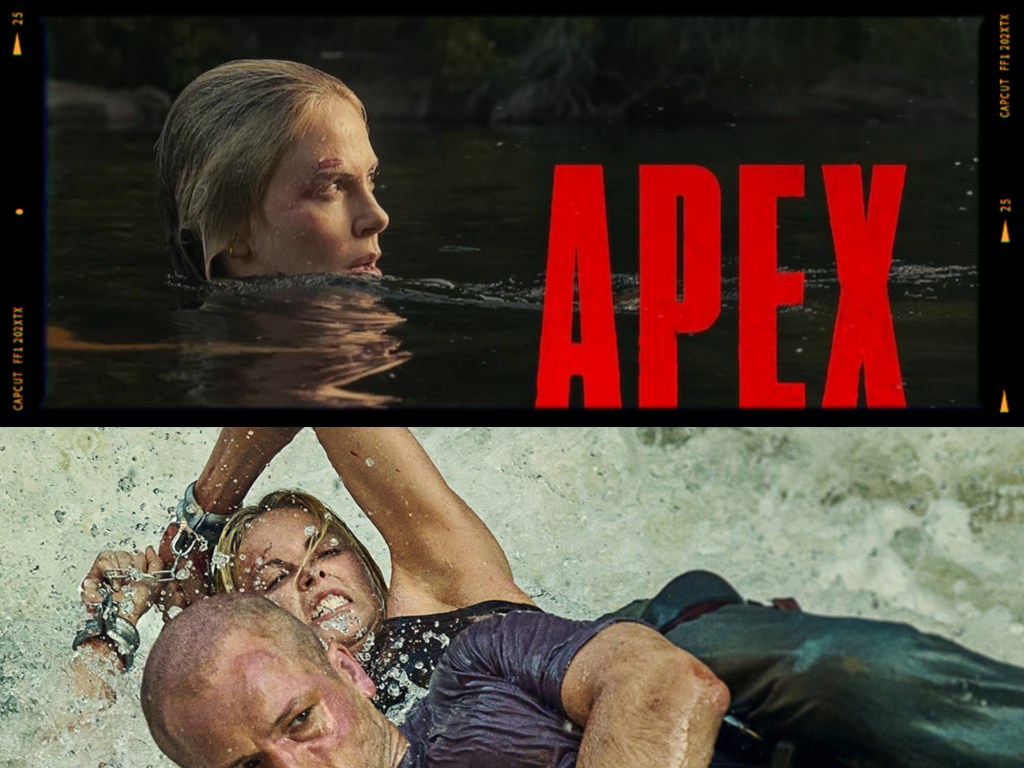 A woman swimming in a dark lake with a serious expression, alongside a bold title reading 'APEX', and a dramatic scene below showing a struggle between two individuals in a turbulent water setting.