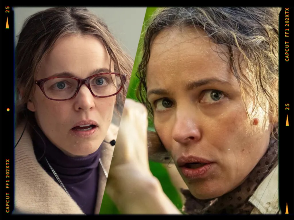 A split image showing two intense expressions of a woman, one side featuring her wearing glasses with a shocked look, and the other side depicting her in a tense outdoor setting with wet hair and a serious gaze.