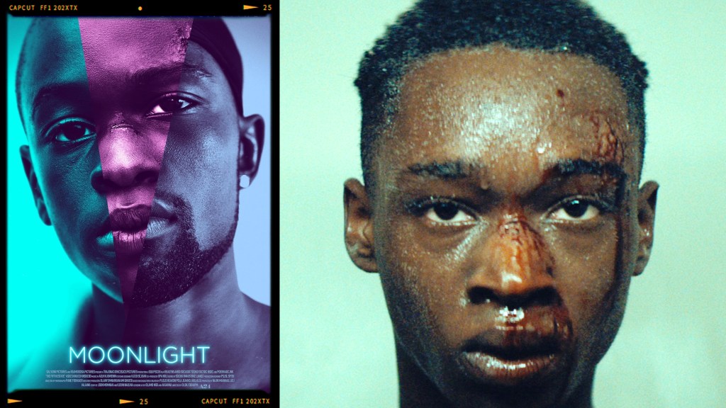 A split image featuring the poster of the film 'Moonlight' on the left, which showcases a stylized face with a blue and purple color scheme, and a still from the film on the right showing a young man with a cut on his forehead and blood on his face, looking directly at the camera.