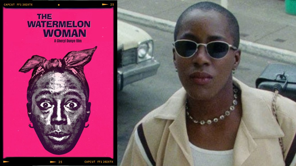 Promotional poster for 'The Watermelon Woman' featuring a stylized illustration and bold text on a pink background.