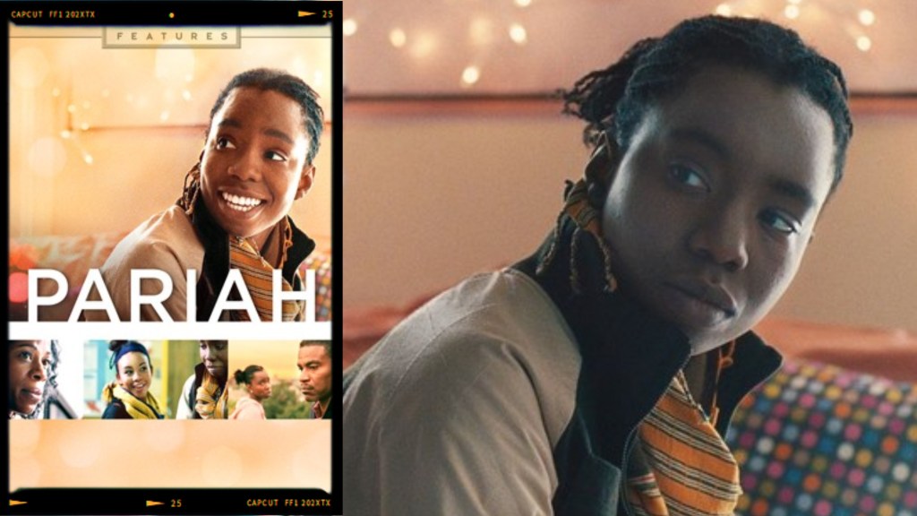 Movie poster for 'Pariah' featuring a young woman with braided hair, smiling, wearing a striped scarf. The background includes soft, warm lights and a colorful polka dot pattern.