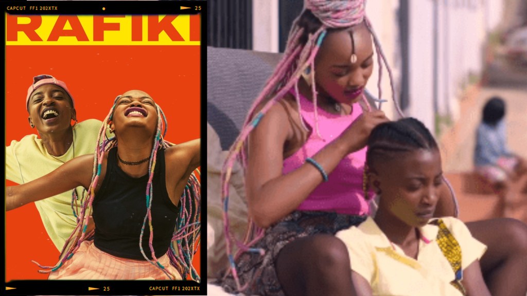 A vibrant promotional image from the film 'Rafiki' featuring two smiling young people against a bold orange background and a scene of one girl styling another's hair outdoors.