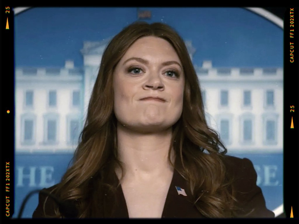 A woman with wavy brown hair, wearing a dark blazer with an American flag pin, stands in front of a blue background featuring a White House image, giving a serious expression.