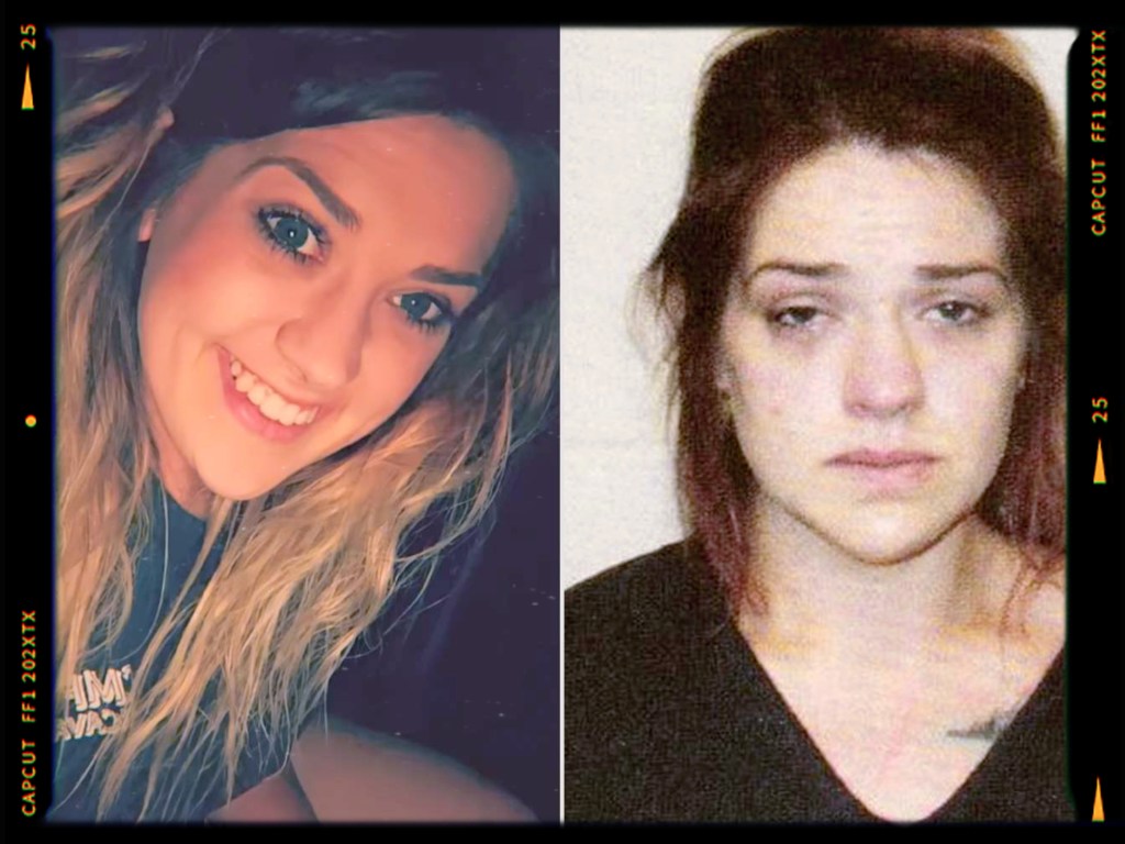 A split image showing two contrasting portraits of a woman. The left side features a smiling woman with long hair in a relaxed setting, while the right side displays a serious, unsmiling mugshot of the same woman with a distressed appearance.