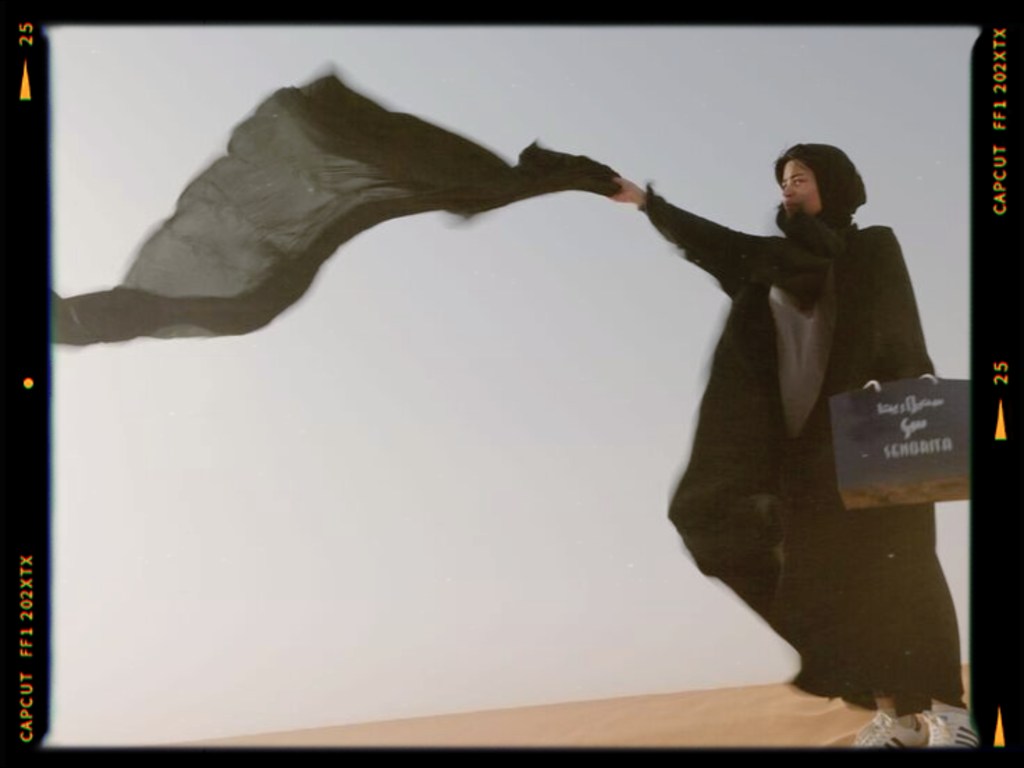 A woman in a black abaya stands in a desert, holding a flowing black scarf in one hand and a shopping bag in the other.