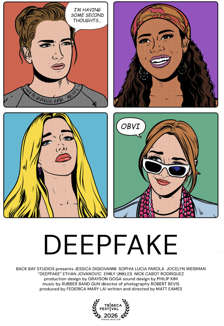 A comic-style illustration featuring four female characters in separate panels, expressing different emotions. The top left character says, 'I'M HAVING SOME SECOND THOUGHTS...', the top right is smiling, the bottom left has a confident expression, and the bottom right character is wearing sunglasses with the text 'OBVI'. The title 'DEEPFAKE' is prominently displayed at the bottom, along with festival information.